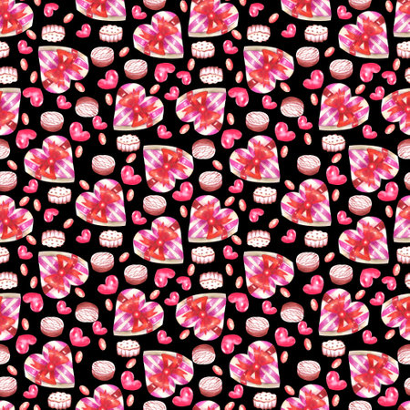 Watercolor Valentines Day seamless pattern. Hand painted colorful background with pink and red hearts and candies.の写真素材