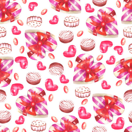 Watercolor Valentines Day seamless pattern. Hand painted colorful background with pink and red hearts and candies.の写真素材