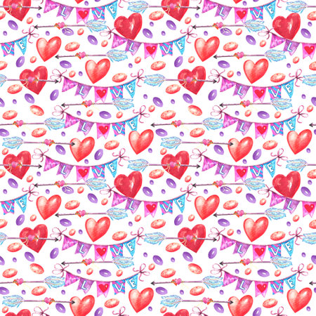Valentines day watercolor seamless pattern. Hearts, candies, lollipops, garlands, balloons.の写真素材