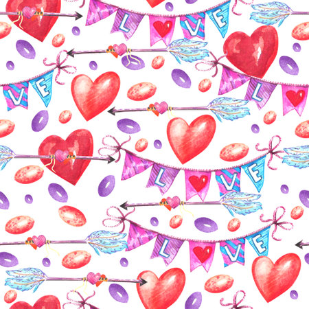 Valentines day watercolor seamless pattern. Hearts, candies, lollipops, garlands, balloons.の写真素材