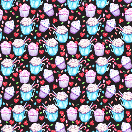 Watercolor Valentines Day seamless pattern. Hand painted colorful background with hearts, cupcakes, hot cocoa and candies.の写真素材