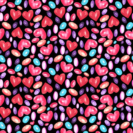 Watercolor Valentines Day seamless pattern. Hand painted colorful background with pink and red hearts and candies.の写真素材