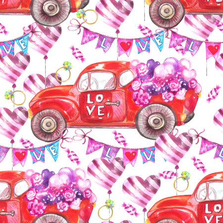 Valentines day watercolor seamless pattern. Red pickup trucks, hearts, flowers, candies, balloons.の写真素材