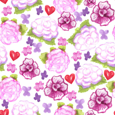 Watercolor Valentines Day seamless pattern. Hand painted colorful background with red hearts and pink flowers.の写真素材