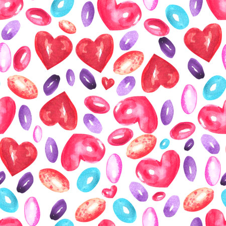 Watercolor Valentines Day seamless pattern. Hand painted colorful background with pink and red hearts and candies.の写真素材