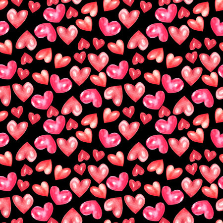Watercolor Valentines Day seamless pattern. Hand painted colorful background with pink and red hearts and candies.の写真素材