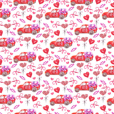 Valentines day watercolor seamless pattern. Red pickup trucks, hearts, flowers, candies, balloons.の写真素材
