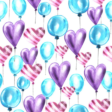 Valentines day watercolor seamless pattern. colorful balloons.の写真素材