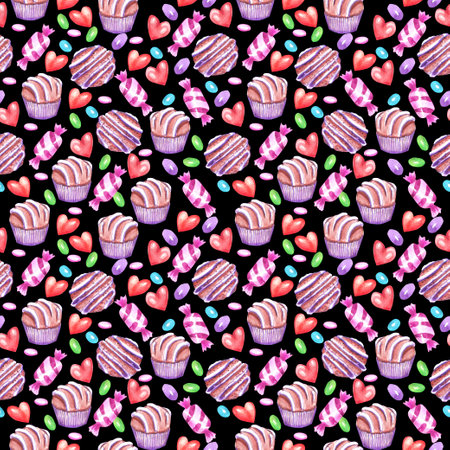Watercolor Valentines Day seamless pattern. Hand painted colorful background with hearts, flowers, candies.の写真素材