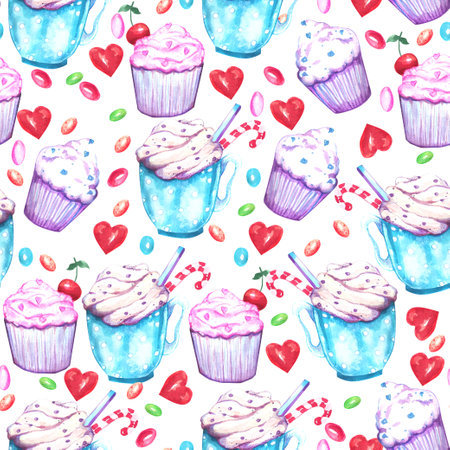 Watercolor Valentines Day seamless pattern. Hand painted colorful background with hearts, cupcakes, hot cocoa and candies.の写真素材