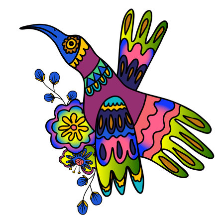 Tropical bird decorated with flowers. Vector hand drawn doodle illustration in mexican style.のイラスト素材