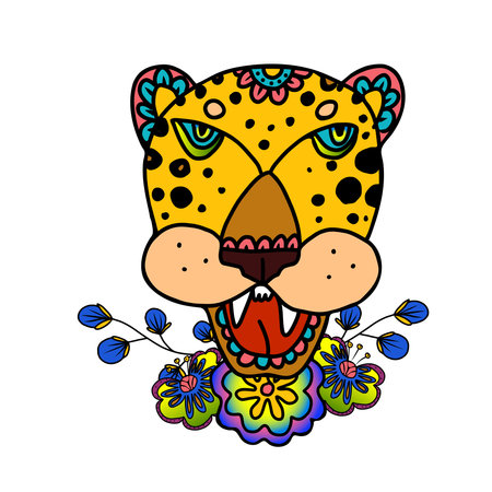 Jaguar head decorated with flowers. Vector hand drawn doodle illustration in mexican style.のイラスト素材