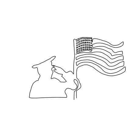 One line Happy Veterans Day minimalist continuous lineart vector illustration. American soldiers saluting silhouettes, American flag.のイラスト素材