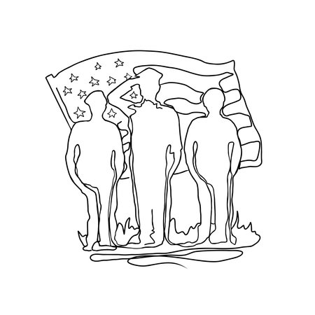 One line Happy Veterans Day minimalist continuous lineart vector illustration. American soldiers saluting silhouettes, American flag.のイラスト素材