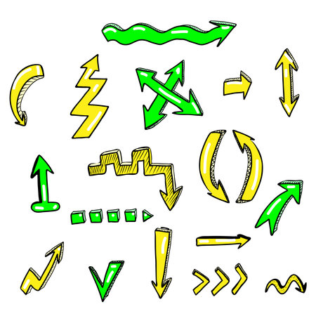 Vector hand drawn doodles neon green and yellow arrows set.のイラスト素材
