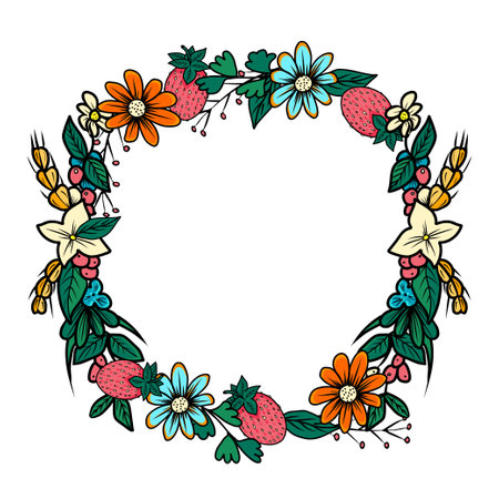 Happy Midsummer greeting poster. Floral wreath with strawberries. Template for Sweden longest summer day holiday banner background. Hand drawn doodle vector illustration.のイラスト素材
