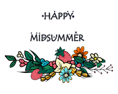 Happy Midsummer greeting poster. Floral wreath and text Happy Midsummer. Template for Sweden longest summer day holiday banner background. Hand drawn doodle vector illustration.のイラスト素材