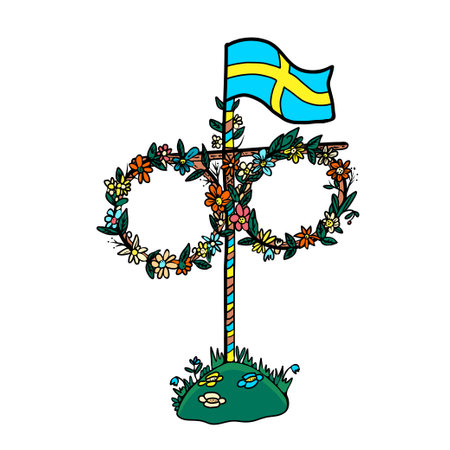 Midsummer wooden pole with flowers and ribbons. Template for Sweden longest summer day holiday banner background. Hand drawn doodle vector illustration.のイラスト素材