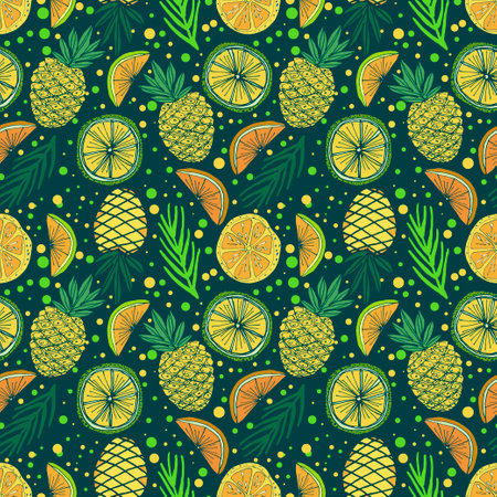 Vector Tropical Fruits Seamless Pattern. Hand drawn orange, grapefruit, pineapple, lemon, lime.