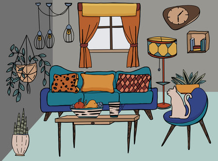 Vector interior of living room, hand drawn cartoon illustration. Doodles furniture in mid century style.のイラスト素材