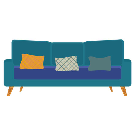 Vector flat illustration. Blue sofa with colorful pillowsのイラスト素材