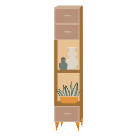 Vector flat illustration. Modern mid century wooden bookcaseのイラスト素材