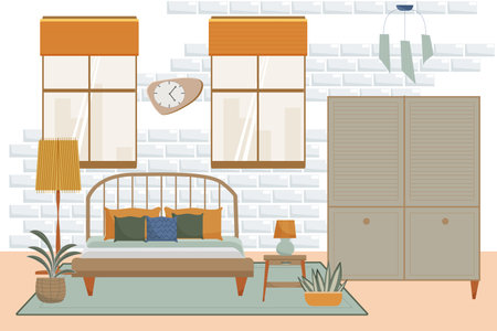 Vector flat interior of bedroom. Furnitures in midsentury modern style.のイラスト素材