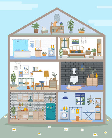 House in cut, apartment inside. Kitchen, living room, bedroom, bathroom with furniture. Vector detailed modern house interior in flat style.のイラスト素材