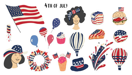 The 4th of July  vector set with symbols of Americans Government , girls, flag, donut, cake, balloons, firework,hat, stars and stripes.のイラスト素材