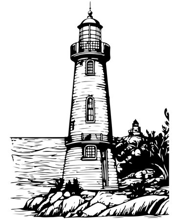 Black and white vector engrave illustration of a light house. sketch.のイラスト素材