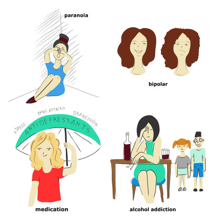 Mental disorders vector set. Paranoia, Bipolar disorder, Alcohol addiction.のイラスト素材
