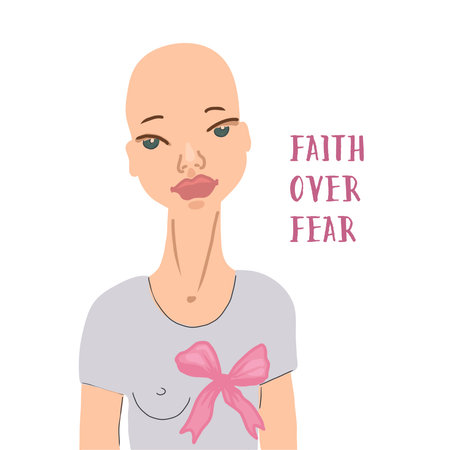 Breast cancer awareness month vector illustration. Afro american woman in a gray t-shirt with a pink ribbon on her chest.のイラスト素材