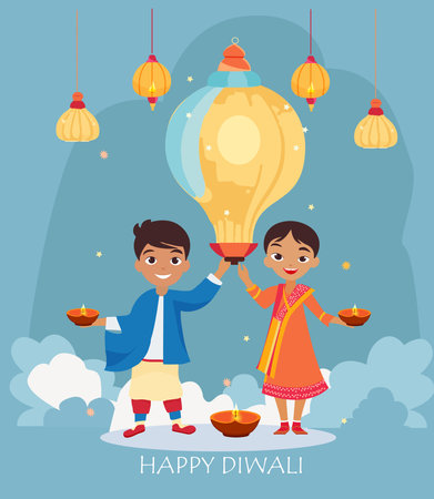 Diwali Hindu Festival vector flat illustration. The Indian boy and girl in traditional attire holding lamps with burning fire in their hands.のイラスト素材