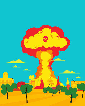 Nuclear explosion in city, vector flat illustration. Atomic war attack. Global catastrophe.のイラスト素材