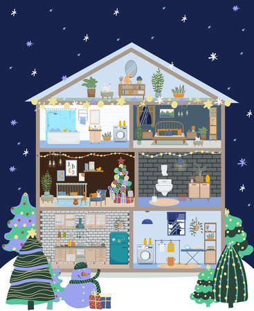 Christmas house in cut, apartment inside. Kitchen, living room, bedroom, bathroom with furnitures. Vector detailed modern house interior in flat style. Winter scene.のイラスト素材