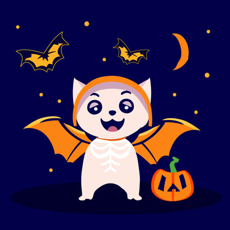Cute little cat in a skeleton costume for Halloween. Vector flat illustration.のイラスト素材