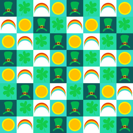 Vector modern stylized seamless pattern. St Patrick's day theme, square shapes and leprechaun's hats, rainbows, coins, shamrock.のイラスト素材