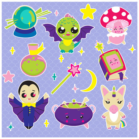 Magic vector sticker pack with unicorn, vampire, mushroom, cauldron, magic wand, spell book, magic ball, dragon, stars, moon, magic potion.のイラスト素材