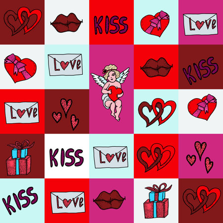 Valentines Day seamless background. Squares and hearts, lips, gifts. Romantic vector pattern.のイラスト素材
