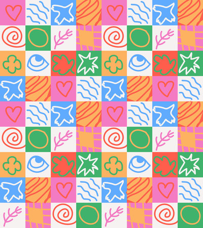 Abstract vector seamless patternwith squares and doodles elements.のイラスト素材