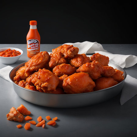 Buffalo wings fried chicken photo in low key.の素材