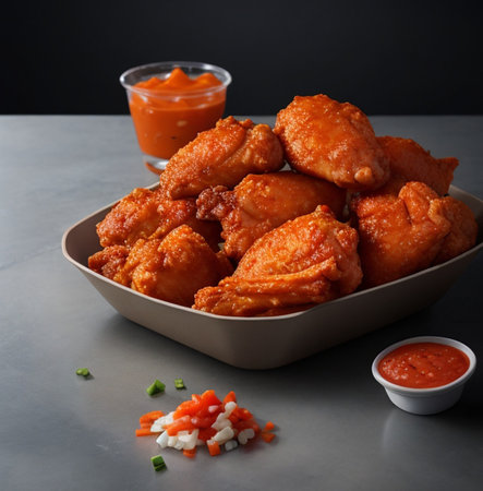 Buffalo wings fried chicken photo in low key.の素材