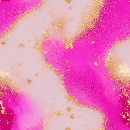 Abstract pink alcohol ink background with gold glitter elements.の素材