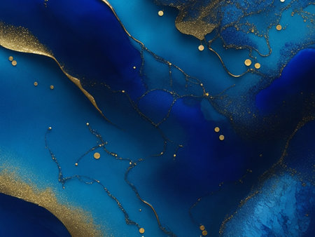 Abstract blue alcohol ink background with gold glitter elements.の素材