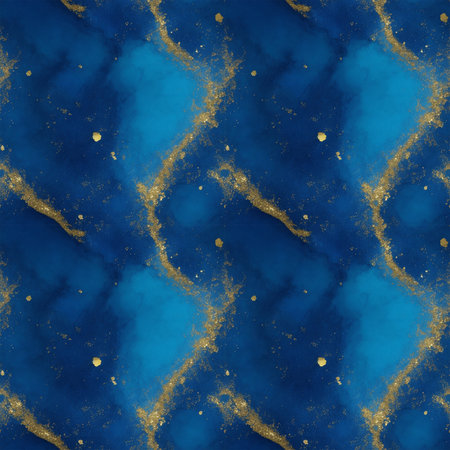 Abstract blue alcohol ink background with gold glitter elements.の素材