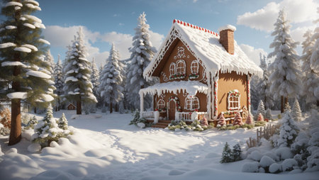Christmas winter scene, winter landscape, gingerbread house in the winter forest.の素材