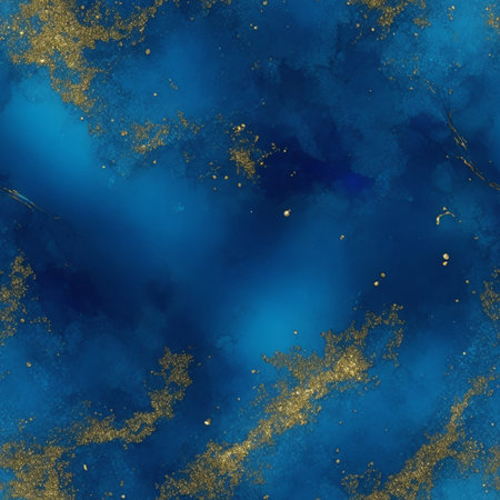 Abstract blue alcohol ink background with gold glitter elements.の素材