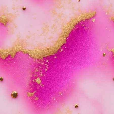 Abstract pink alcohol ink background with gold glitter elements.の素材