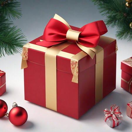 Christmas banner, red gift box with golden ribbon, Christmas balls, fir branches.の素材