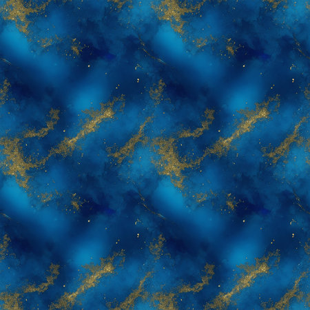 Abstract blue alcohol ink background with gold glitter elements.の素材